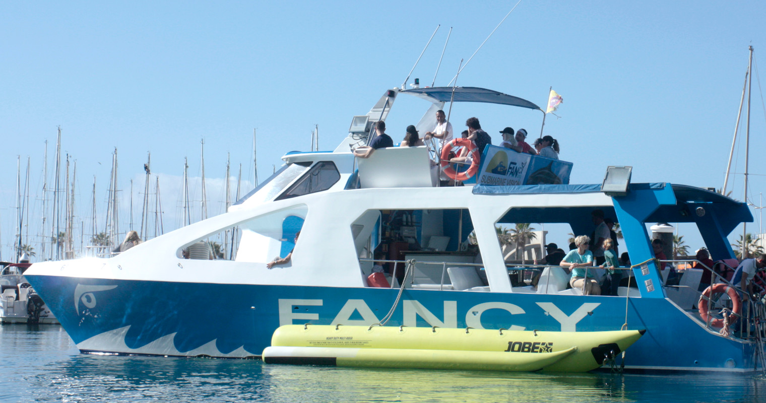 a blue and white boat in the water
